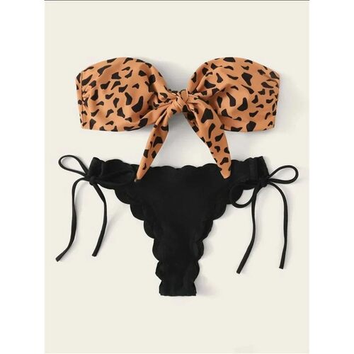 Leopard lace tied strapless bikini豹纹花边系绳抹胸比基尼套装