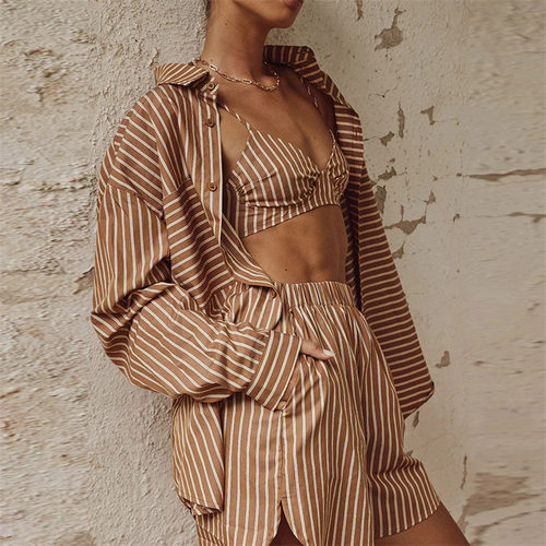 Striped Lapel Shirt Shorts Three-Piece Set条纹翻领衬衫三件套