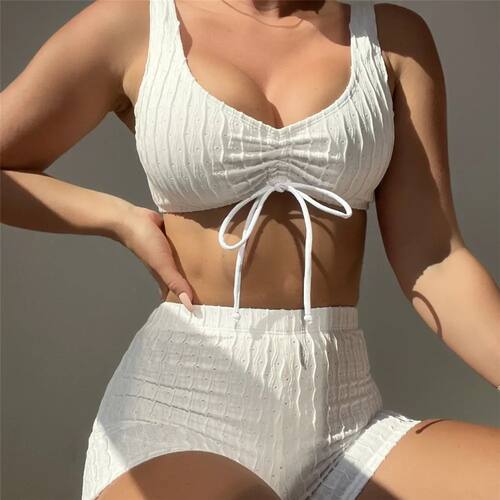 高腰纯色条纹分体泳衣 High waisted solid color striped bikini