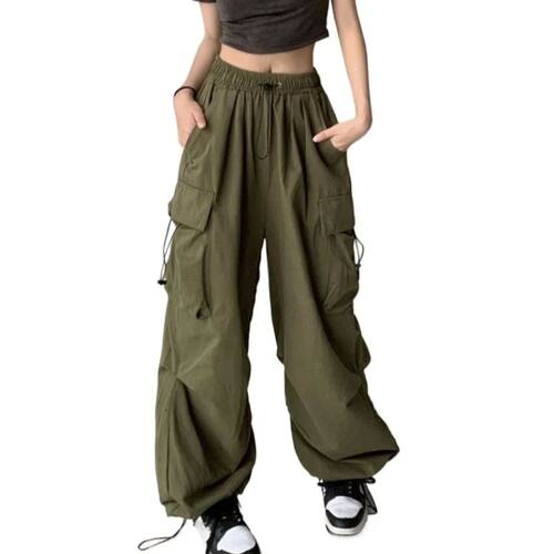 高腰纯色口袋褶皱工装裤High waisted pocket pleated work pants