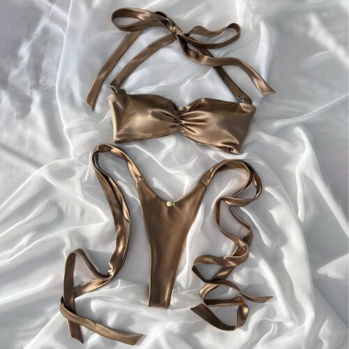 开叉绑带抹胸泳衣 Solid color split strap strapless swimsuit