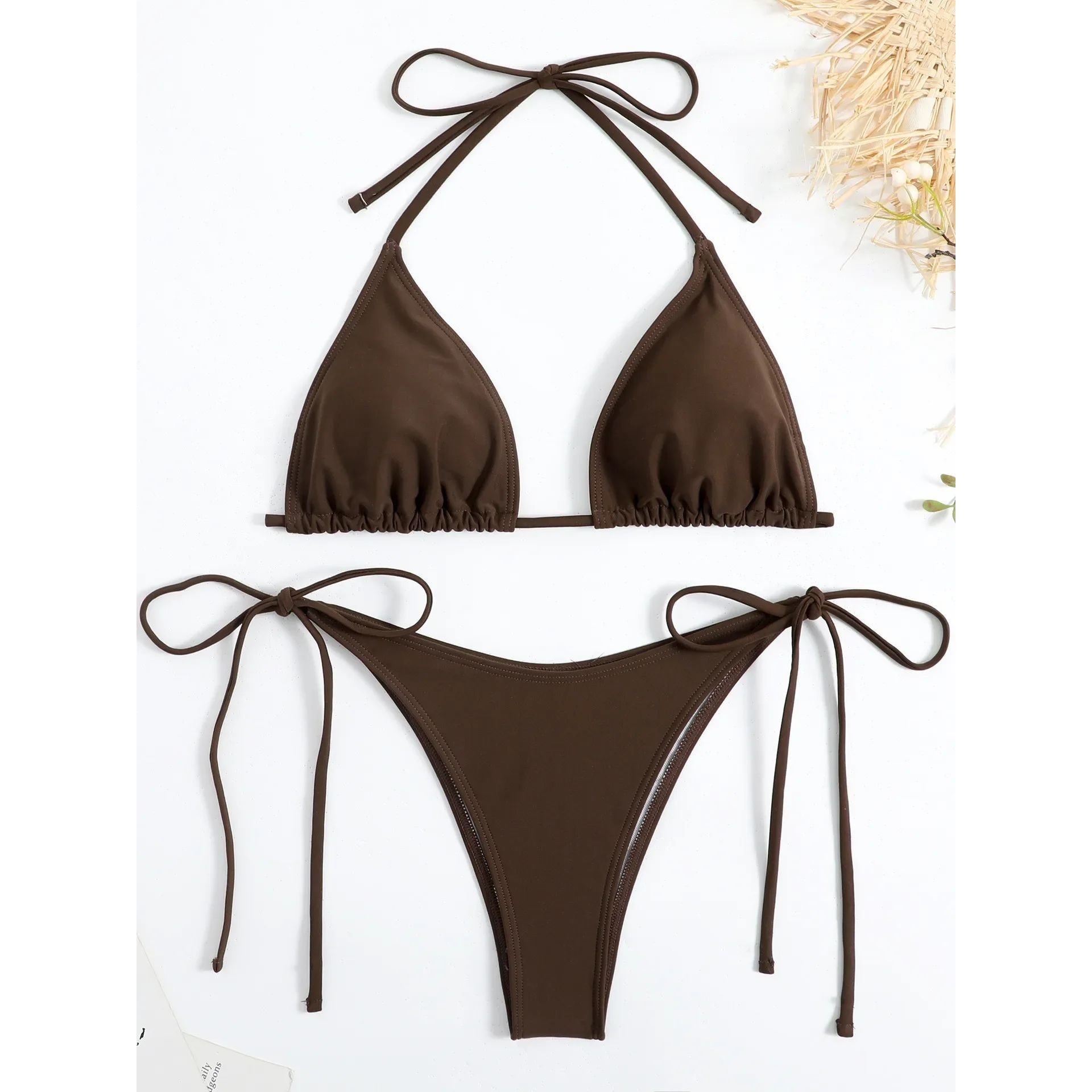 Solid color lace up backless bikini set纯色系带露背泳装套装