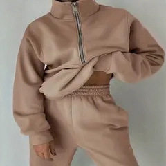 Solid color stand up collar zipper set纯色立领拉链套装两件套