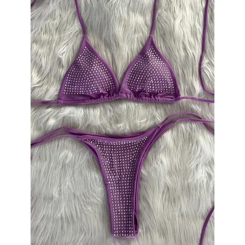 cardigan露背带比基尼比基尼大胸烫钻比基尼紫色泳衣