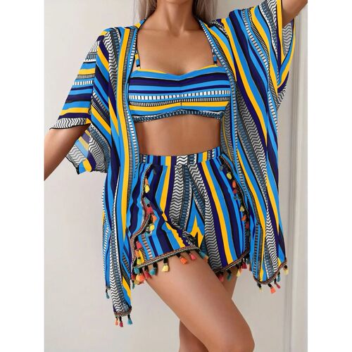 流苏撞色条纹罩衫比基尼Fringe contrasting striped top bikini