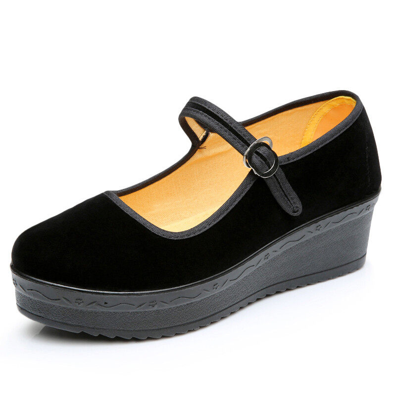 老北京布鞋女鞋松糕底高跟鞋加厚底防水台工作鞋软底黑布鞋黑色37