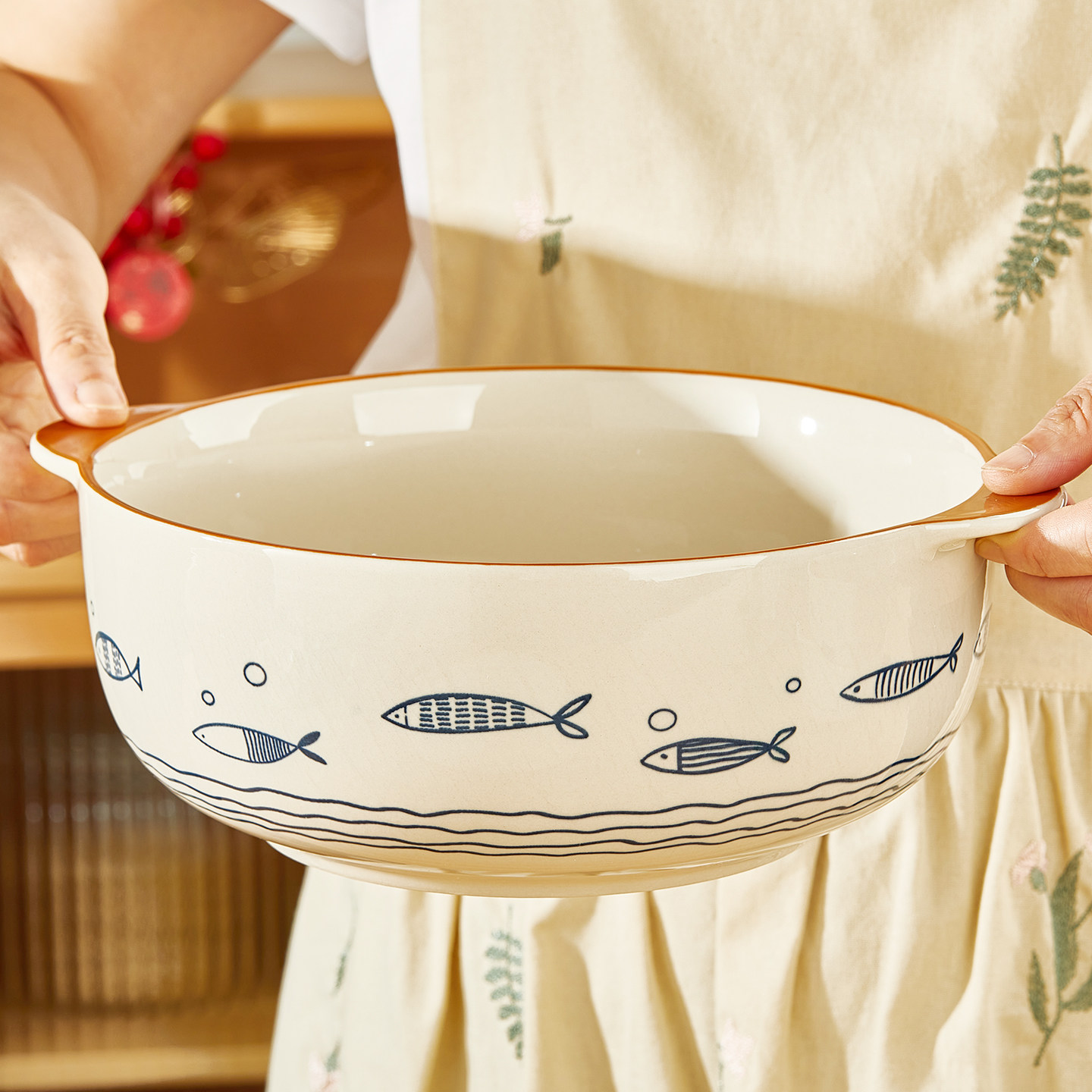 日式双耳大汤碗家用2025新款高颜值釉下彩加厚防烫陶瓷酸菜鱼盆碗