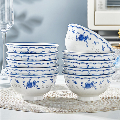 青花高脚碗家用2025新款陶瓷高颜值釉下彩饭碗面碗汤碗盘套装家用