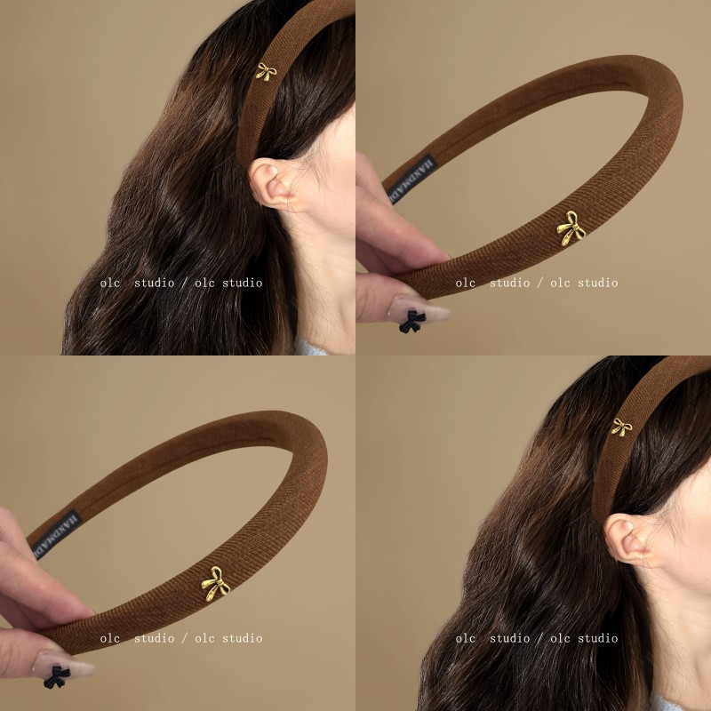 焦糖咖啡系~小金标蝴蝶结发箍细边高颅顶压发发卡早秋新款盘发器