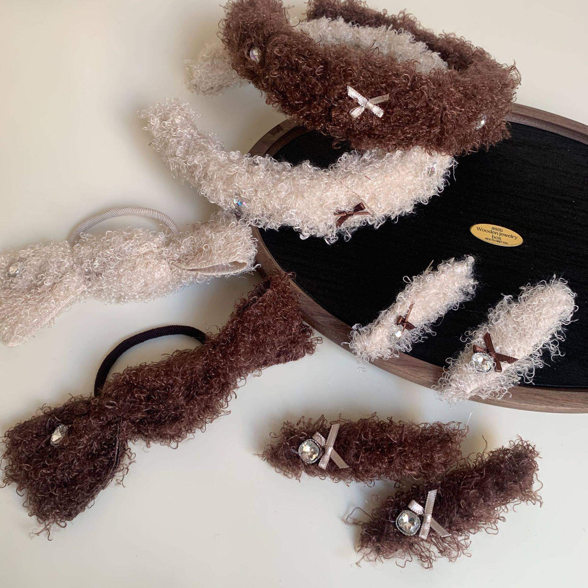 甜美毛毛蝴蝶结咖色发夹布艺发卡发箍头箍可爱毛绒鸭嘴夹刘海夹发