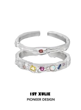 925纯银多巴胺彩色锆石戒指小众设计冷淡风高级食指开口情侣对戒