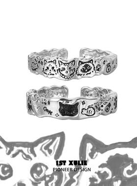 涂鸦猫咪情侣对戒纯银戒指原创小众设计高级开口戒不掉色