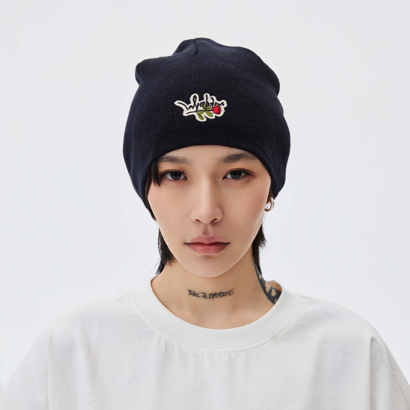 LOVEMELATER 针织帽子冬季玫瑰刺绣纯色毛线帽百搭情侣堆堆冷帽潮