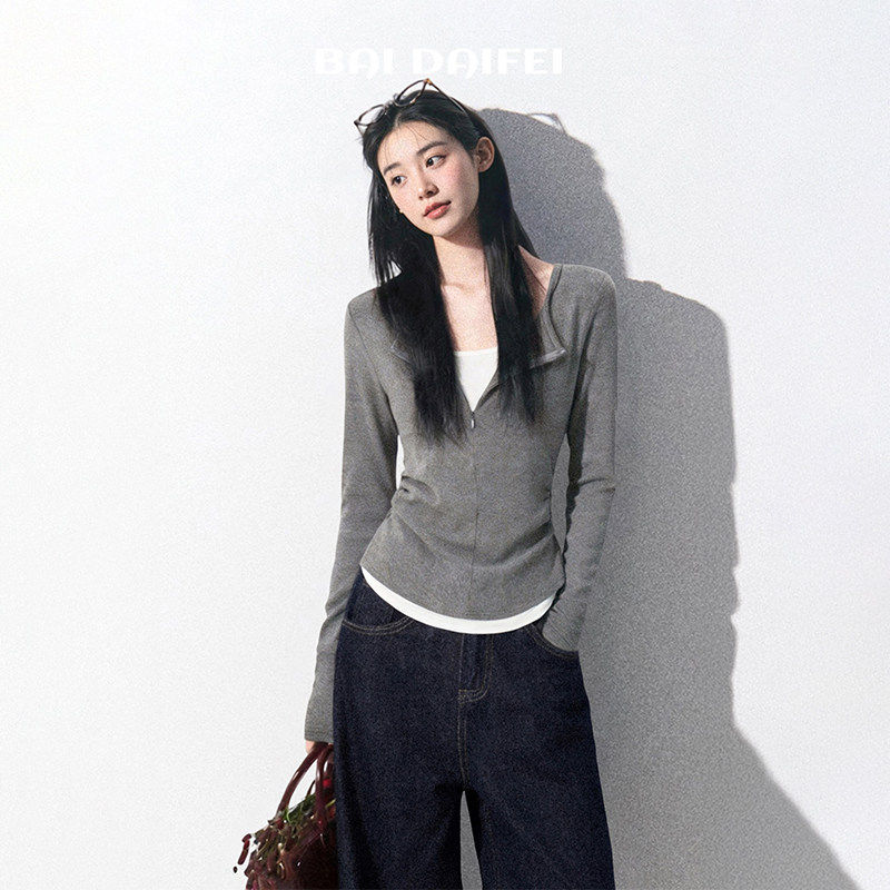 灰色假两件正肩长袖t恤女春秋短款修身收腰内搭打底半拉链v领上衣