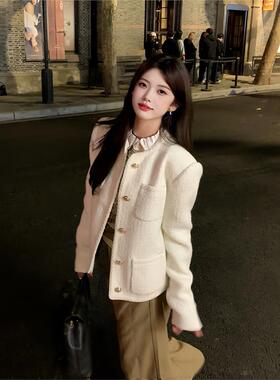 白色粗花呢小香风外套女短款2025年初秋新款小个子高级感休闲上衣