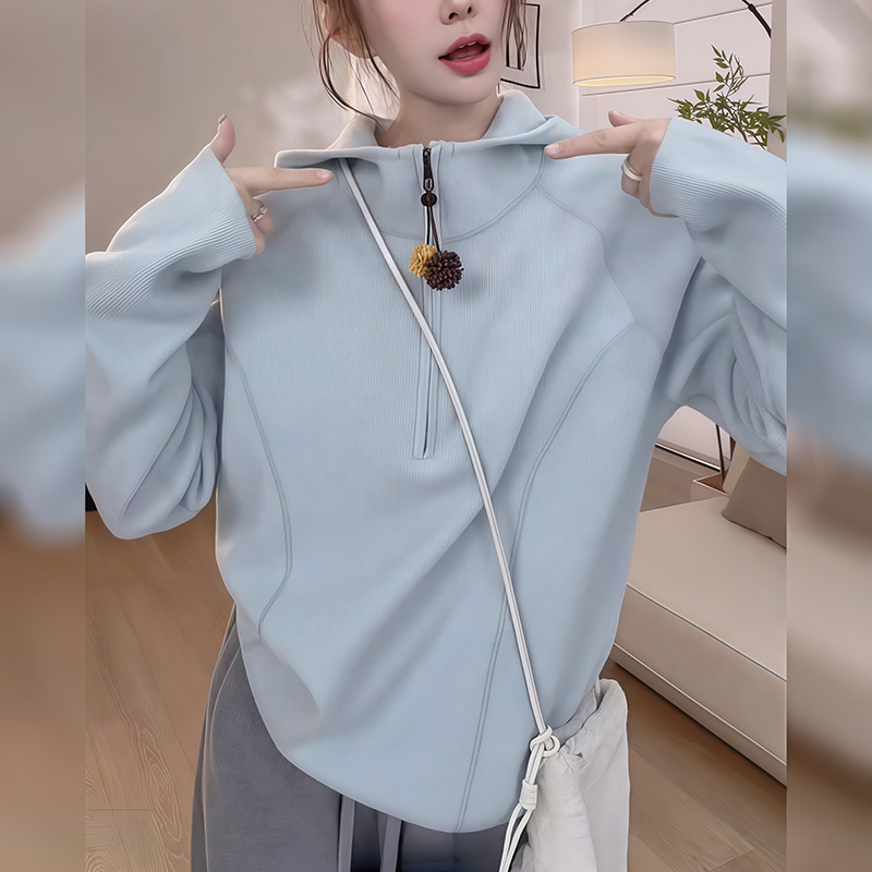 半拉链连帽蓝色毛衣女慵懒