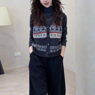 韩版费尔岛提花针织马甲搭配半高领打底衫两件套女秋冬季复古套装