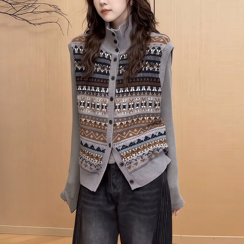 费尔岛风提花针织马甲女秋冬