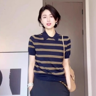 短款 高级感polo领撞色条纹针织衫 韩系修身 正肩短袖 上衣 t恤女夏季