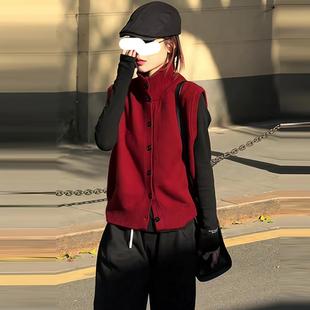 上衣潮 洋气轻奢显瘦背心毛衣开衫 韩系红色立领针织马甲女春季 新款