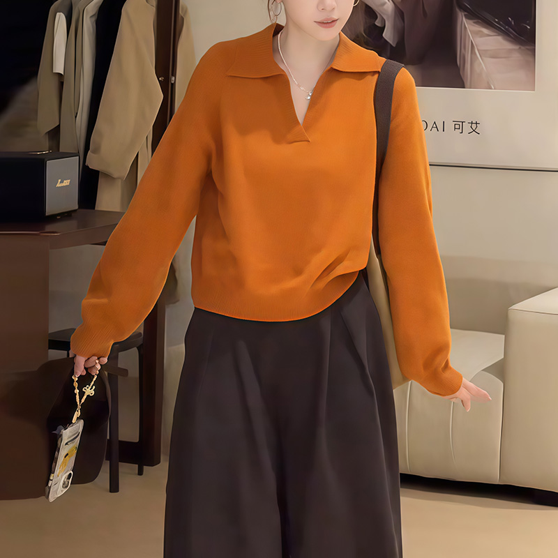 韩版时尚减龄橘色针织衫女2025秋季新款翻领套头百搭宽松休闲上衣