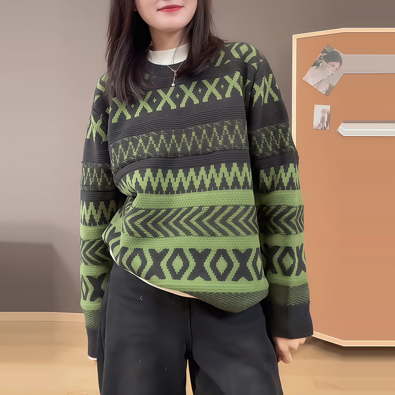 复古几何风圆领长袖针织衫女