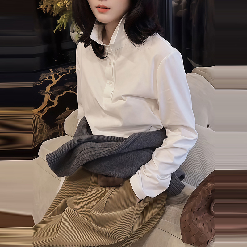 大码女装白色polo衫立领正肩T恤2025秋冬新款内搭打底衫长袖上衣