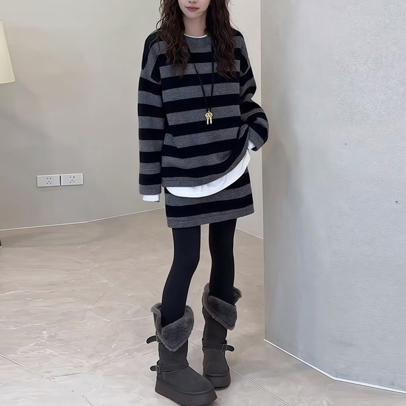 秋冬条纹针织套装裙女