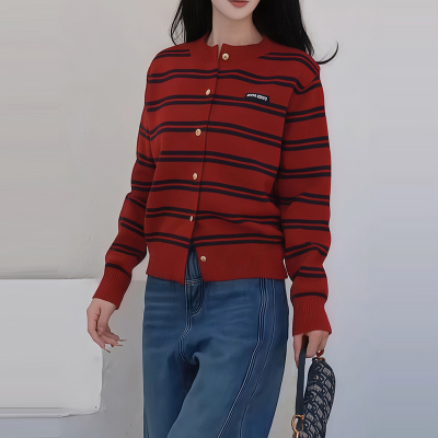 复古条纹圆领针织开衫女秋冬