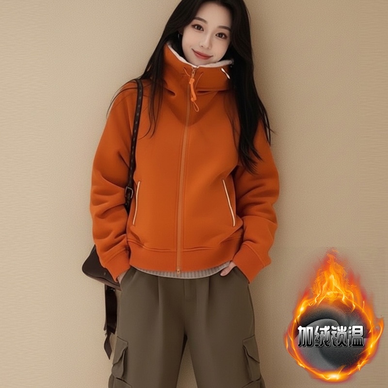 韩系橘色连帽加绒卫衣女加厚