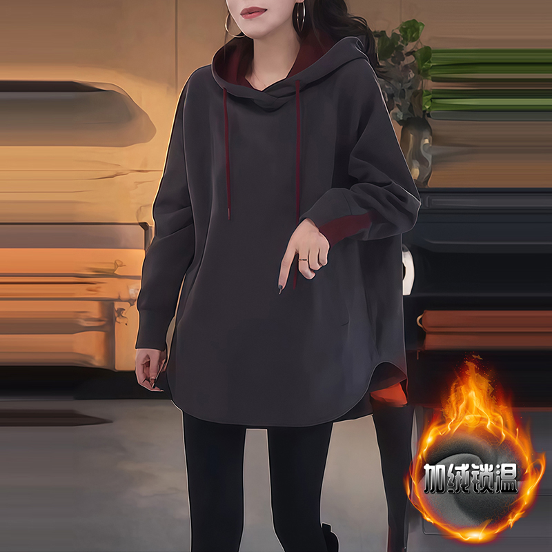 韩系长袖连帽慵懒风中长款卫衣