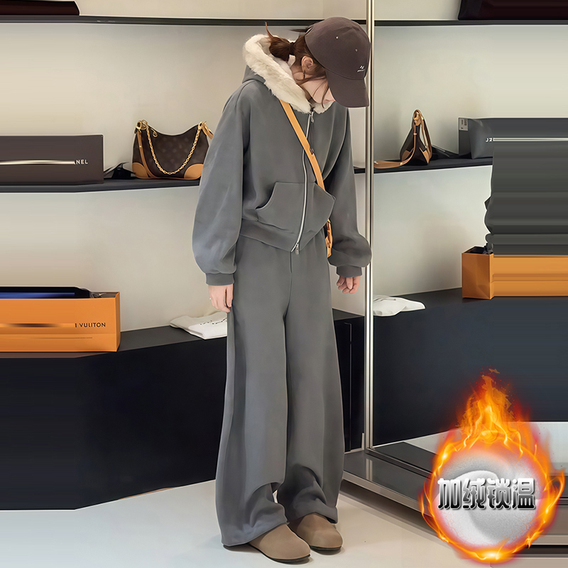 秋冬松弛感加绒毛领连帽双拉链卫衣保暖外套加厚松紧腰阔腿裤套装