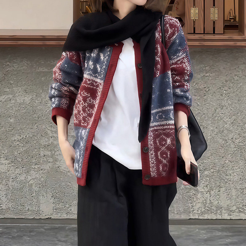 费尔岛风印花针织开衫女秋冬新款长袖宽松百搭高级设计感毛衣外套