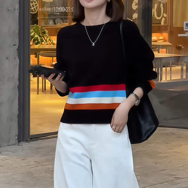 韩系圆领撞色彩条长袖毛针织衫女2025冬季新款松弛感宽松减龄毛衣