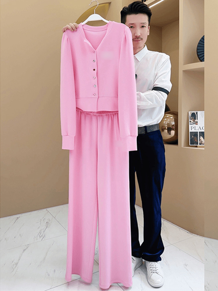 夏装搭配一整套时尚气质减龄粉色长袖针织衫女休闲高腰显瘦阔腿裤