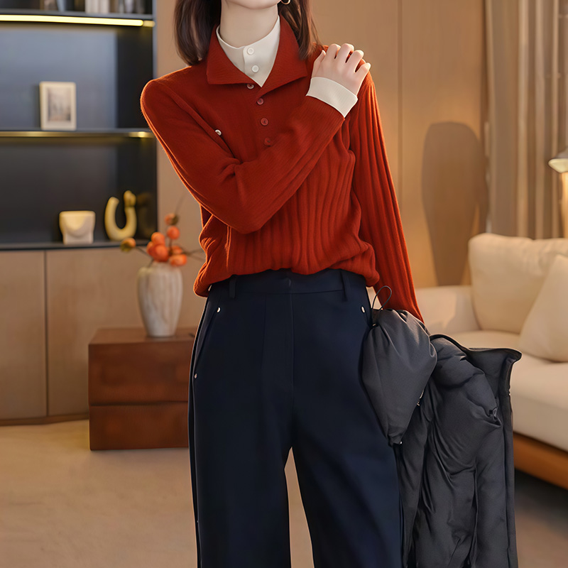 红色立领假两件针织衫女秋季