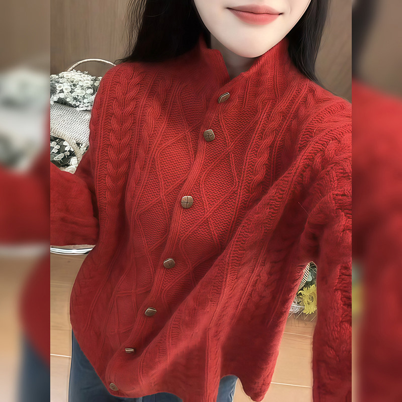 红色立领麻花纹针织开衫女2026春季新款宽松大码保暖毛衣潮流外套