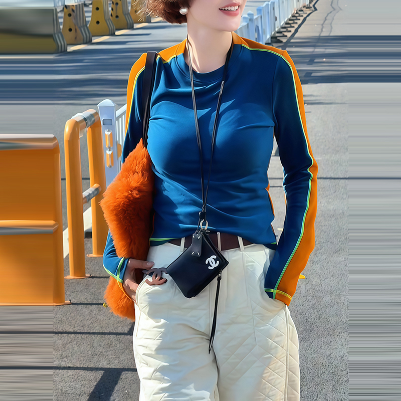 高级感拼色正肩长袖T恤女秋冬季新款修身百搭上衣打底衫洋气内搭