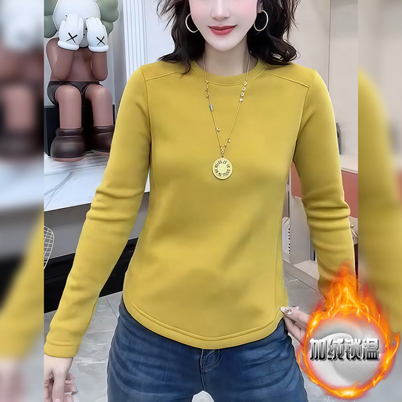 设计感修身正肩圆领长袖T恤女秋冬新款大码显瘦内搭加绒打底上衣