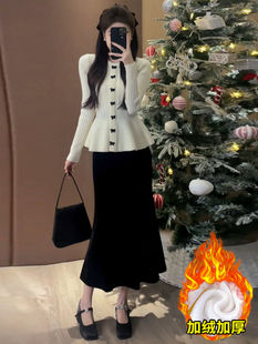 时尚 独特收腰针织衫 气质套装 新款 加绒加厚鱼尾裙两件套 女春季 法式