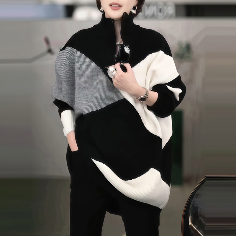 撞色高领半拉链毛衣女秋冬