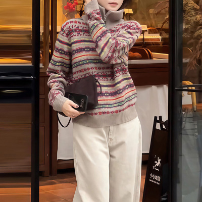 复古费尔岛高领毛衣女秋冬