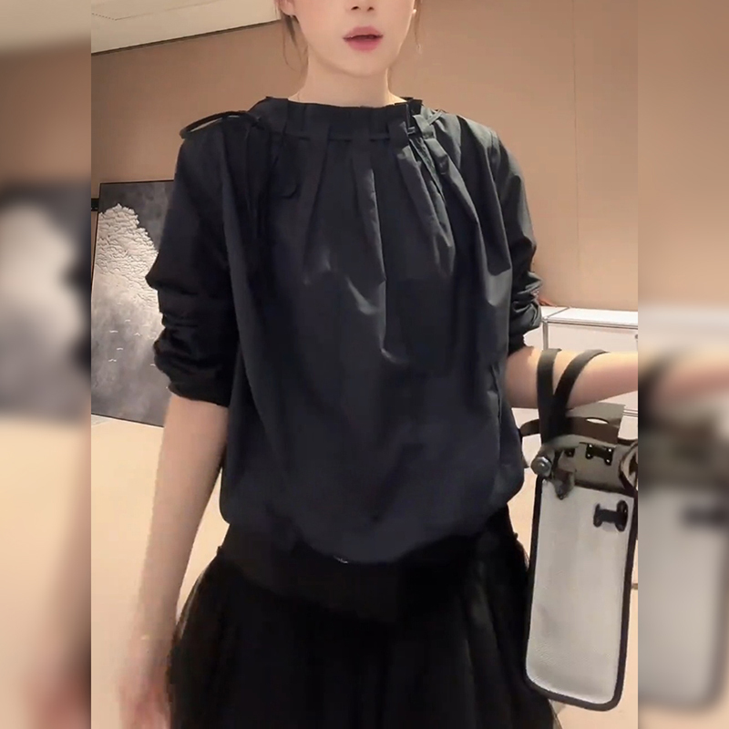 气质压褶设计感春秋长袖衬衫女高级感简约休闲衬衣百搭纯色上衣潮