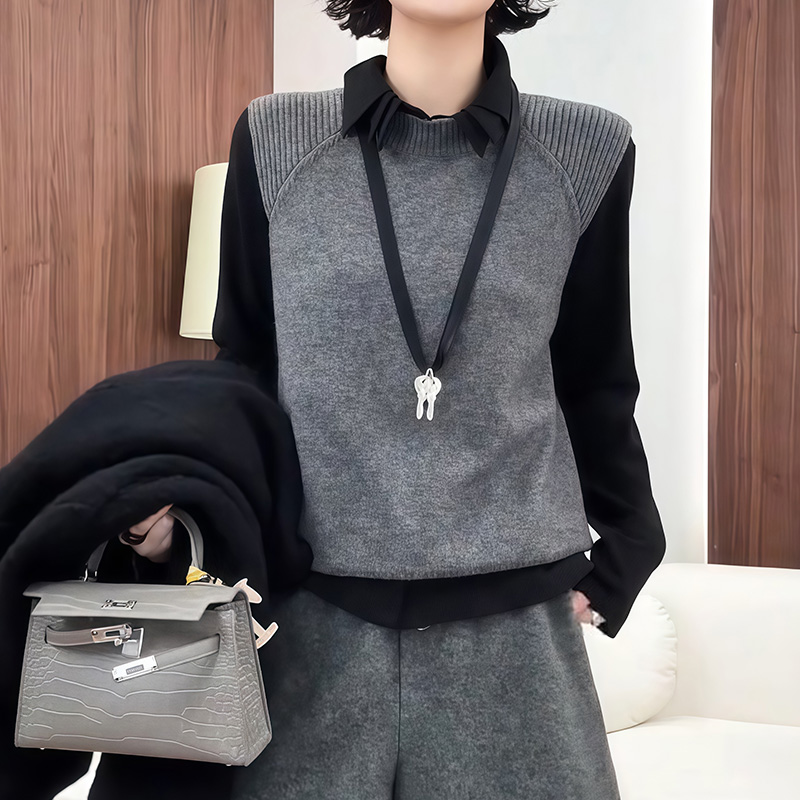 2025秋冬通勤长袖打底衬衫针织马甲显瘦上衣套装极简风叠穿穿搭女
