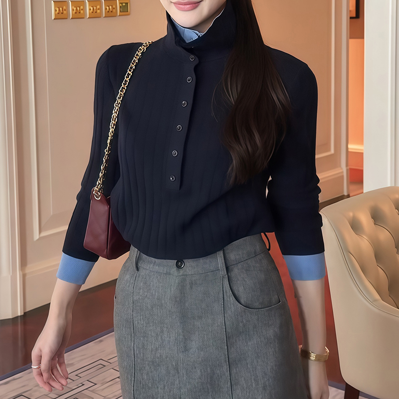 法式polo领撞色毛衣女春冬假两件高级感小众显白短款内搭针织上衣