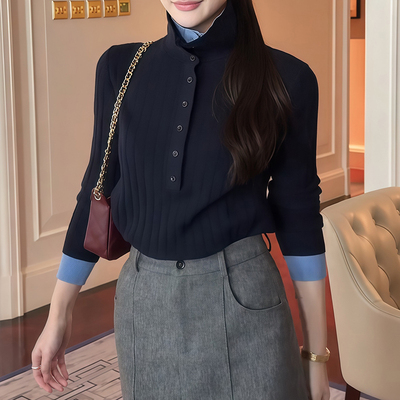 法式polo领撞色毛衣女春冬假两件高级感小众显白短款内搭针织上衣