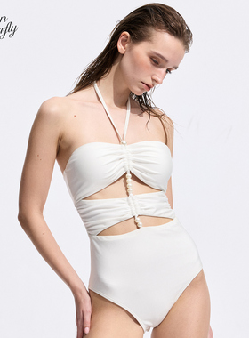 Hidden Butterfly 挂脖系带遮肉显瘦性感镂空串珠法式连体泳衣女