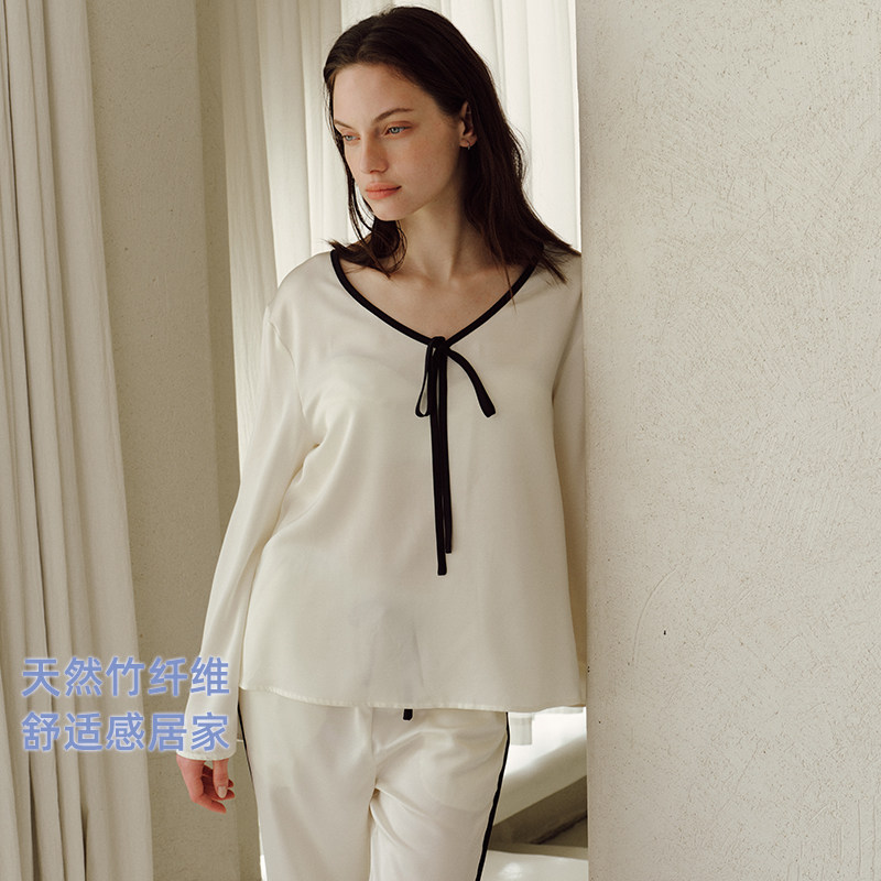 HiddenButterfly丝带蝴蝶结小V领柔光缎面凉感舒适家居服睡衣套装