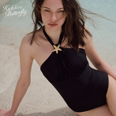 Hidden Butterfly黑色显瘦褶皱海星装 饰珠光连体泳衣海滩温泉度假