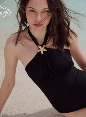 Hidden Butterfly黑色显瘦褶皱海星装饰珠光连体泳衣海滩温泉度假